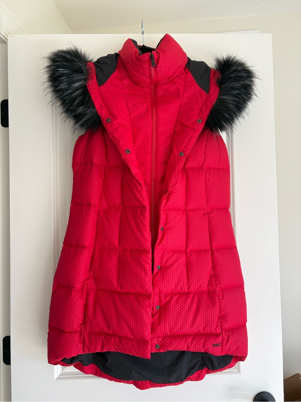 Women's North face “Hey Mama” Red Puffer Vest with Faux Fur Trim “550”